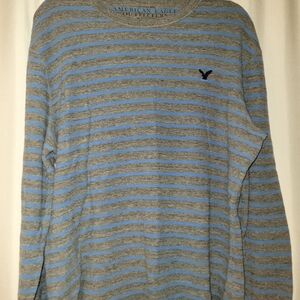 American Eagle Outfitters Men's Gray and Blue Striped Shirt